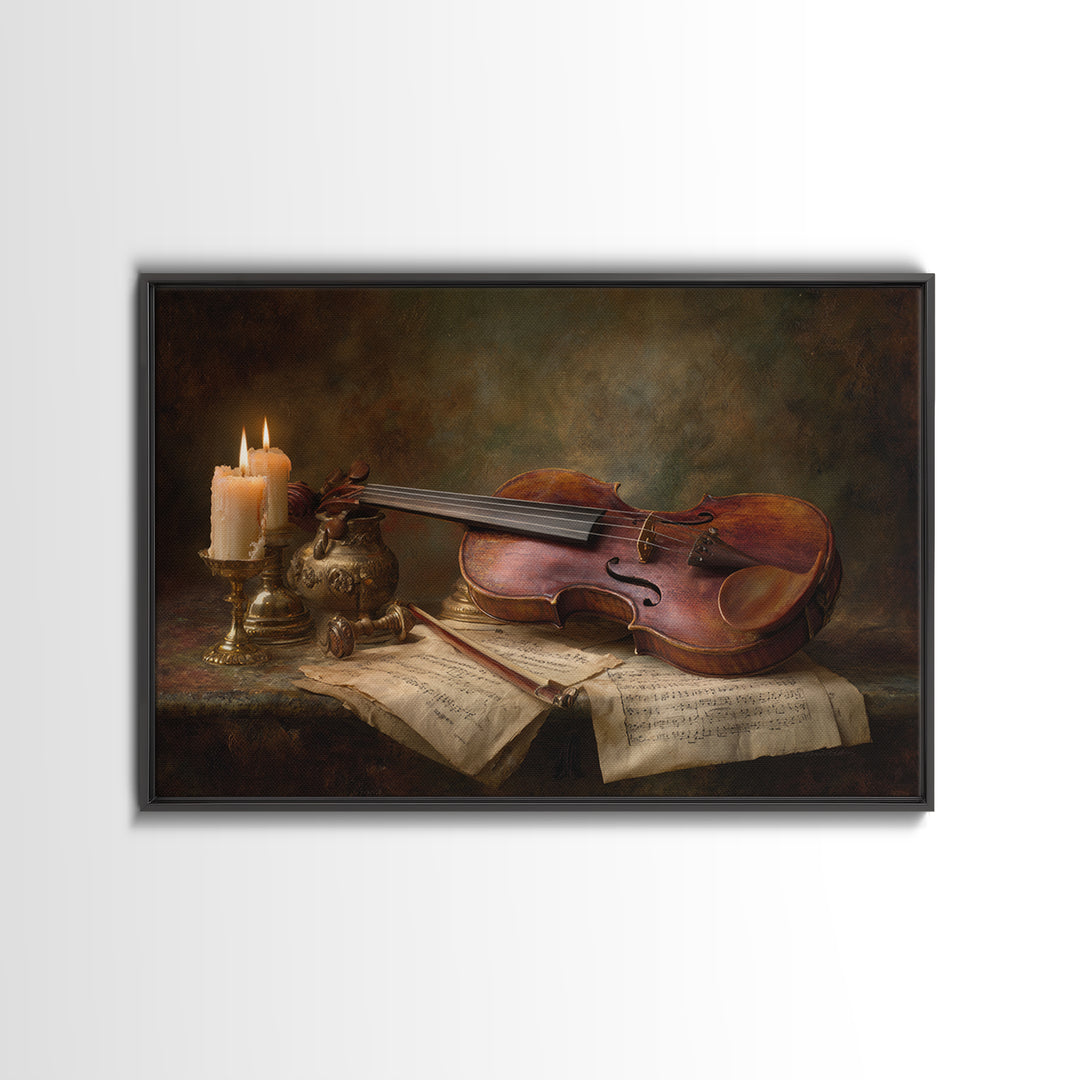 Baroque Violin and Sheet Music Still Life Framed Canvas Print, Baroque Art, Whimsical Decor, Living Room Decor, Ornate, BAO-3x2-39