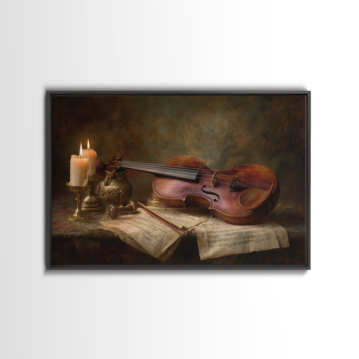 Baroque Violin and Sheet Music Still Life Framed Canvas Print, Baroque Art, Whimsical Decor, Living Room Decor, Ornate, BAO-3x2-39