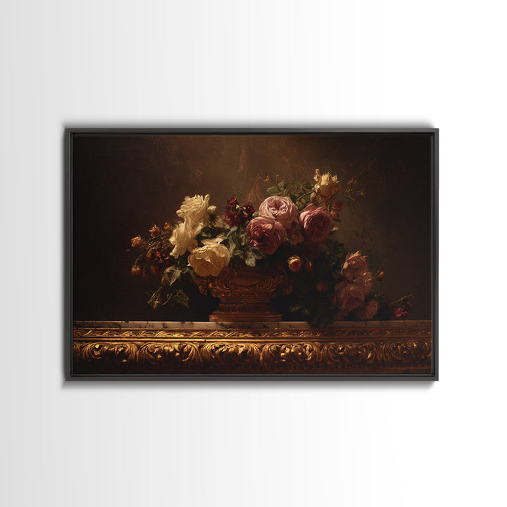 Golden Harp and Roses Framed Canvas Print, Baroque Art, Painting, Living Room Decor, Fine Art, Ornate, Living Room Wall Art, BAO-3x2-46