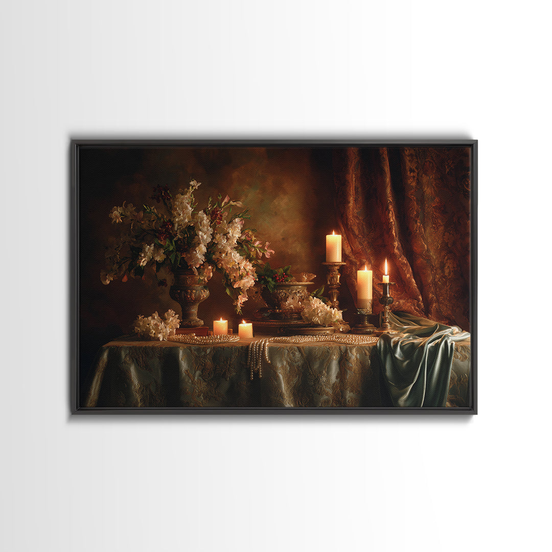 Velvet Drapery with Pearls Flowers and Candlelight Canvas Print, Baroque Art, Maximalist Wall Art, Living Room Decor, Ornate, BAO-3x2-55