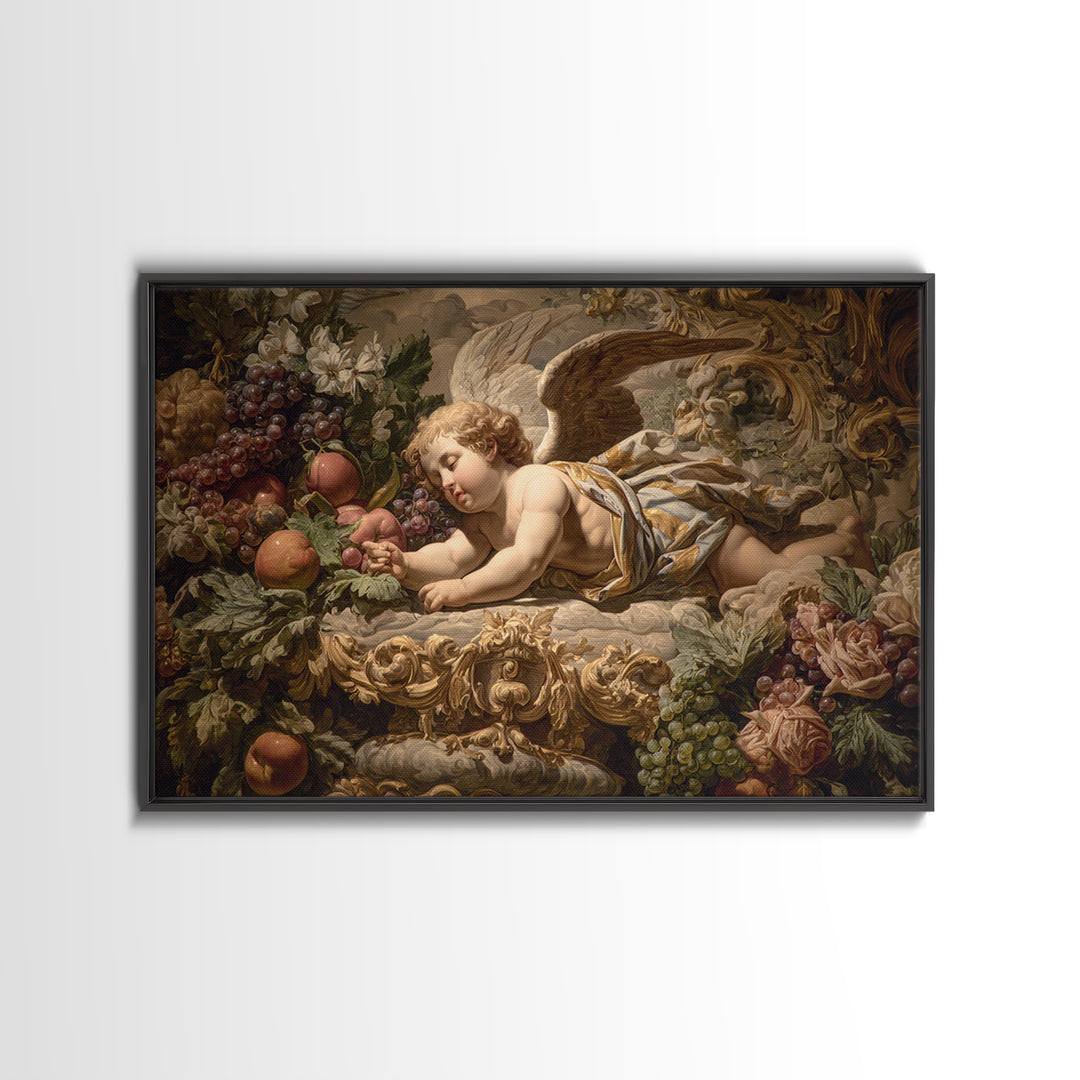Ornate Cherub Figure Surrounded by Clouds and Framed Canvas Print, Baroque Art, Contemporary Art, Living Room Decor, Ornate, BAO-3x2-6
