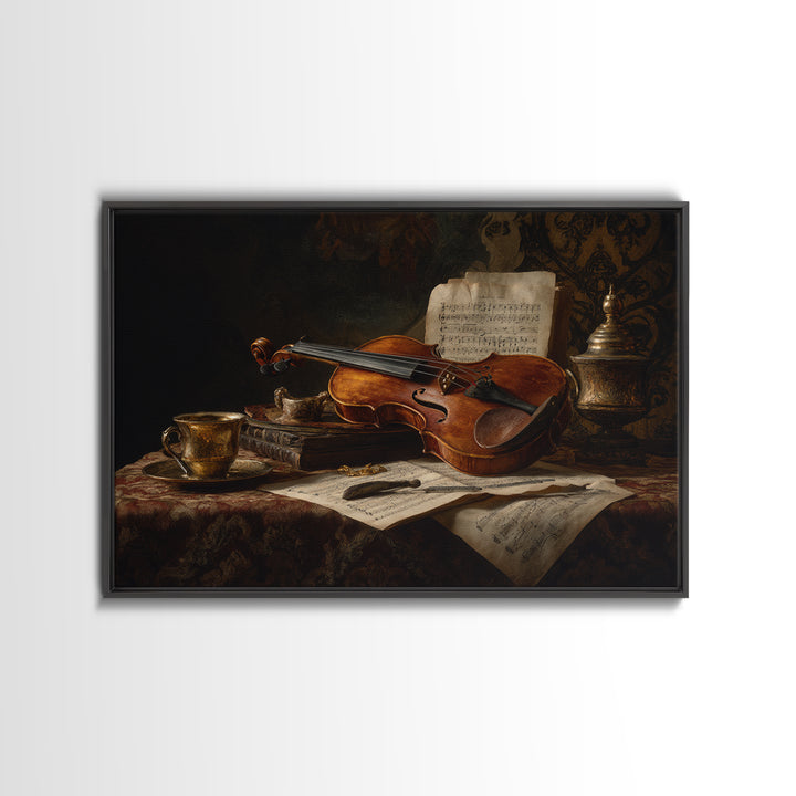 Baroque Violin and Sheet Music Still Life Framed Canvas Print, Baroque Art, Neutral Decor, Living Room Decor, Fine Art, Ornate, BAO-3x2-63