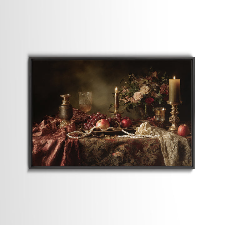 Velvet Drapery with Pearls Flowers and Candlelight Canvas Print, Baroque Art, Maximalist Wall Art, Living Room Decor, Ornate, BAO-3x2-7