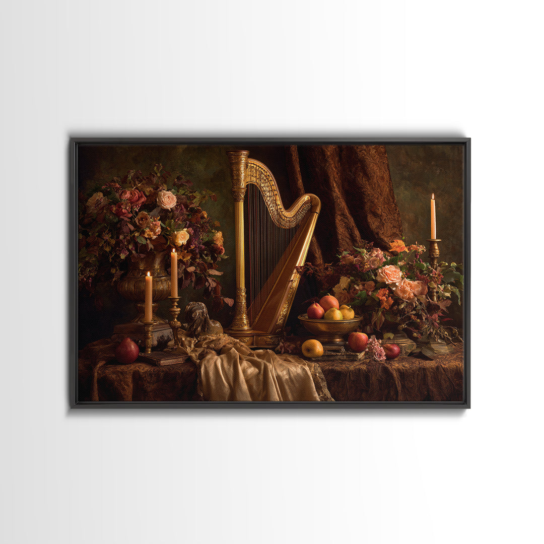 Golden Harp and Roses Framed Canvas Print, Baroque Art, Painting, Living Room Decor, Fine Art, Ornate, Living Room Wall Art, BAO-3x2-70