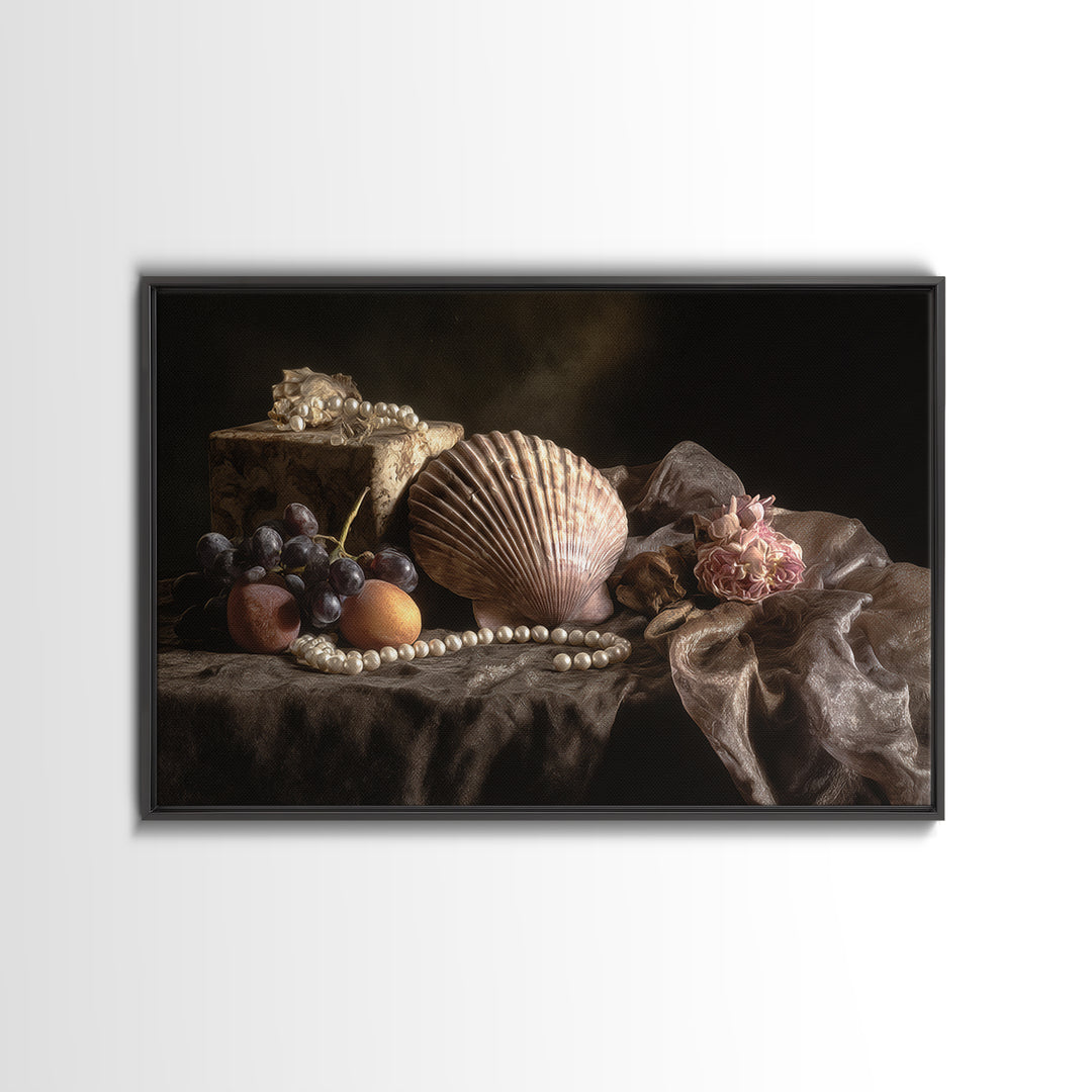 Ornamental Shell and Pearl Composition Framed Canvas Print, Baroque Art, Decor, Living Room Decor, Oil Painting, Ornate, BAO-3x2-74