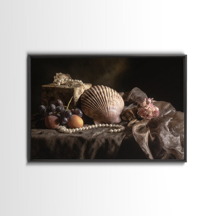 Ornamental Shell and Pearl Composition Framed Canvas Print, Baroque Art, Decor, Living Room Decor, Oil Painting, Ornate, BAO-3x2-74