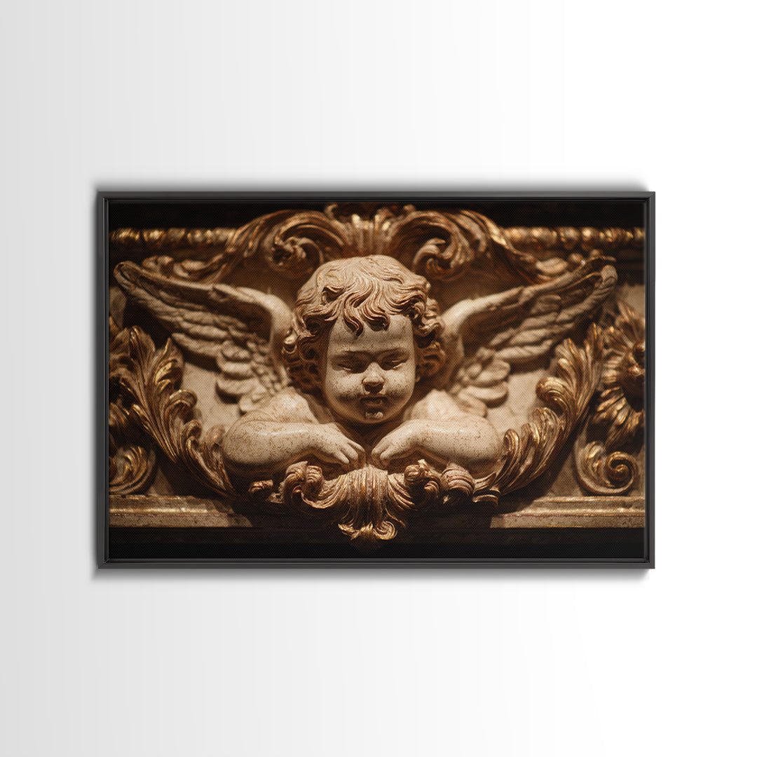 Ornate Cherub Figure Surrounded by Clouds and Framed Canvas Print, Baroque Art, Whimsical Decor, Living Room Decor, Ornate, BAO-3x2-78