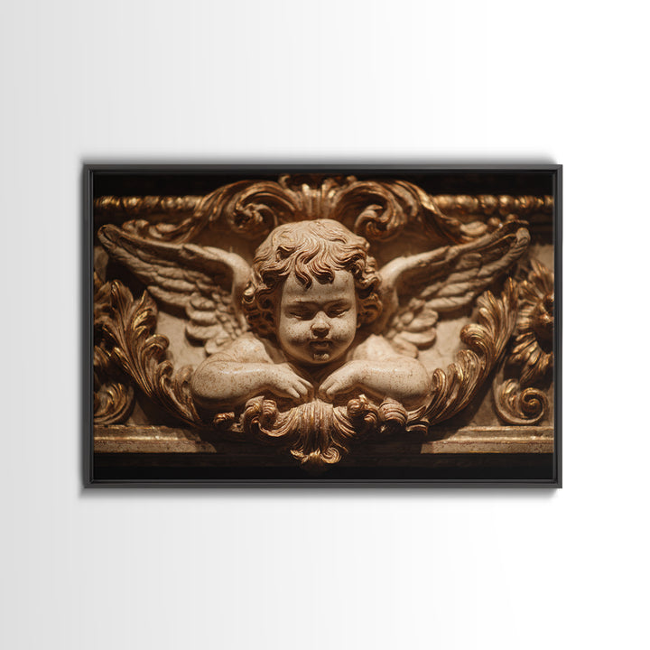 Ornate Cherub Figure Surrounded by Clouds and Framed Canvas Print, Baroque Art, Whimsical Decor, Living Room Decor, Ornate, BAO-3x2-78