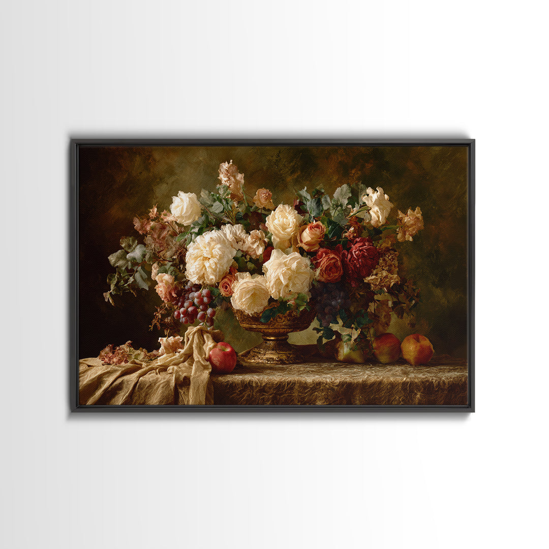 Dark Floral Arrangement Framed Canvas Print, Baroque Art, Living Room Wall Art, Living Room Decor, Ornate, Art Nouveau Decor, BAO-3x2-80