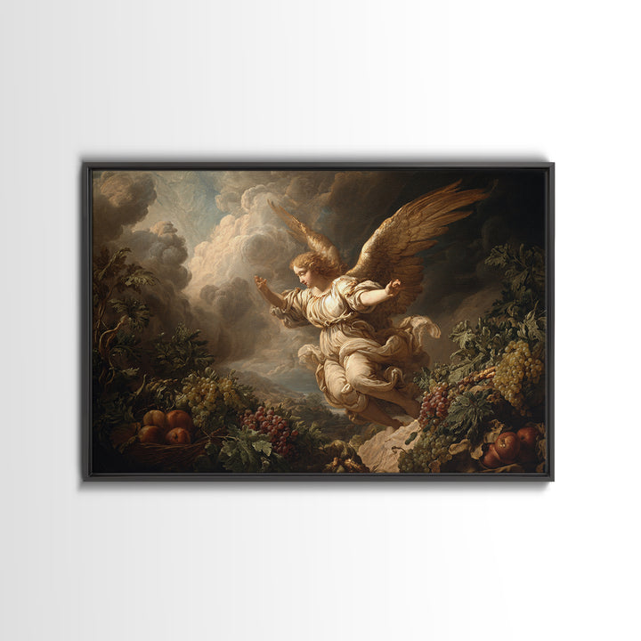 Gilded Angel Wings Emerging from Storm Clouds Framed Canvas Print, Baroque Art, 3d Wall Art, Living Room Decor, Oil Painting, BAO-3x2-82