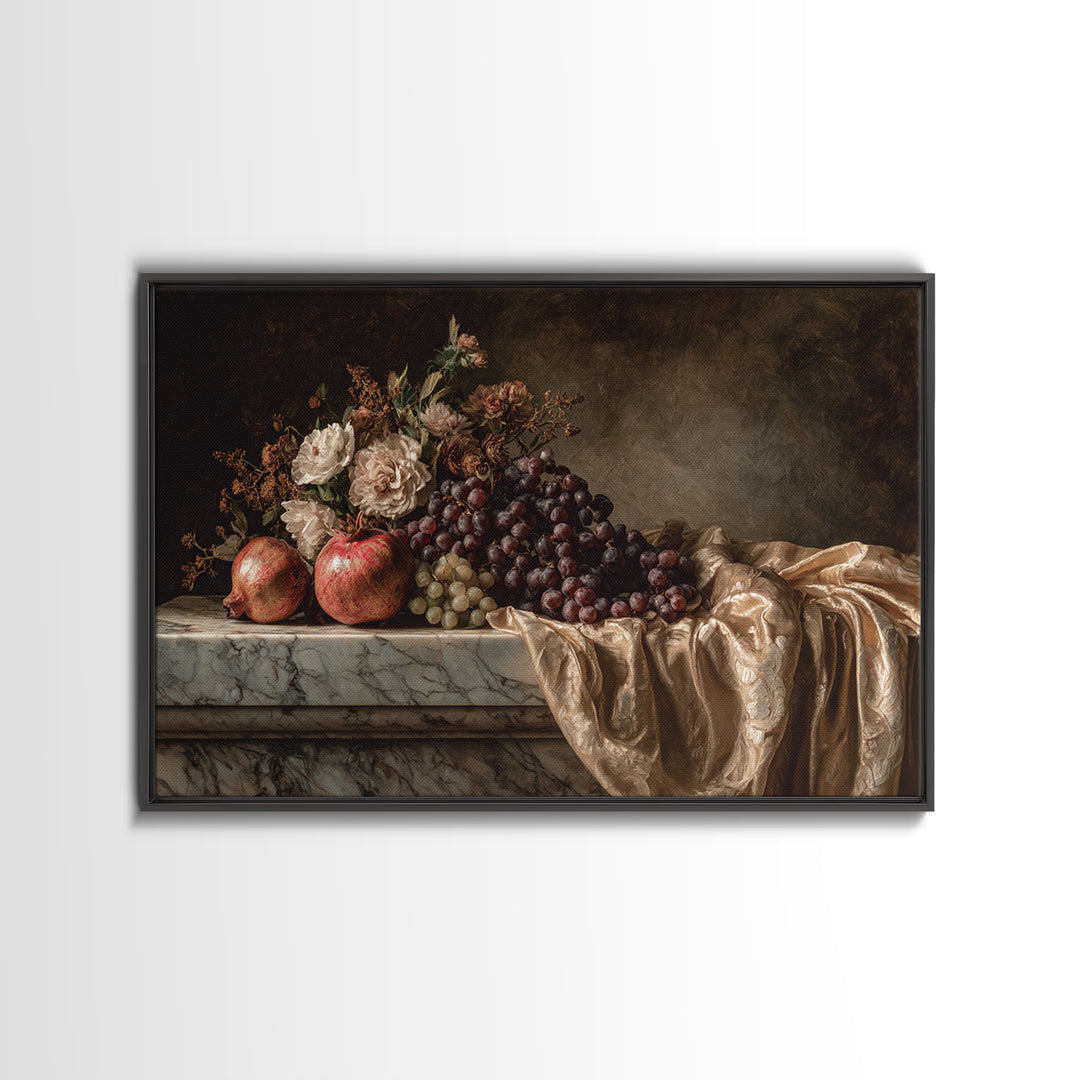 Pomegranate and Grapes on a Marble Ledge Canvas Print, Baroque Art, Moody Wall Art, Living Room Decor, Fine Art, Ornate, BAO-3x2-84