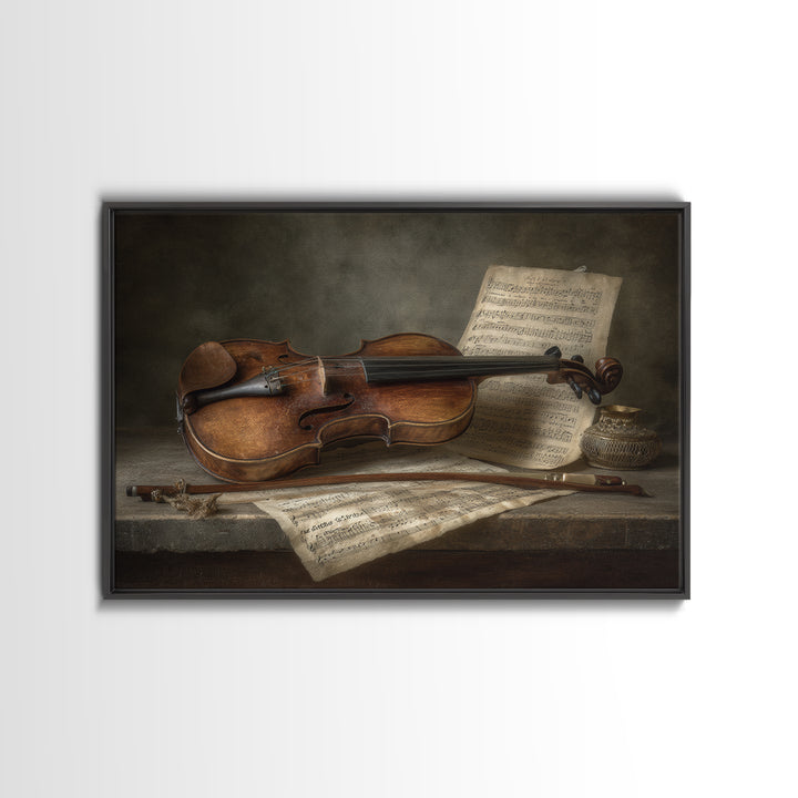 Baroque Violin and Sheet Music Still Life Framed Canvas Print, Baroque Art, Whimsical Decor, Living Room Decor, Ornate, BAO-3x2-87