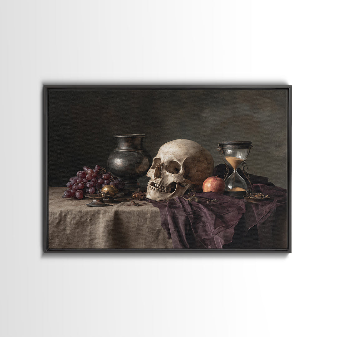 Skull and Hourglass Vanitas Still Life Framed Canvas Print, Baroque Art, Contemporary Art, Living Room Decor, Fine Art, Ornate, BAO-3x2-9