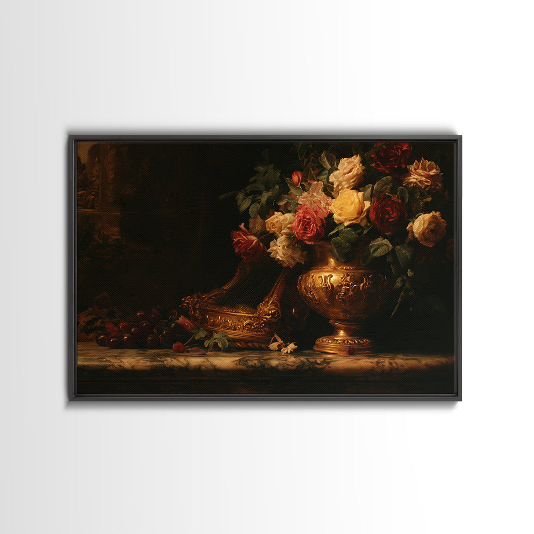 Golden Harp and Roses Canvas Print, Baroque Art, Printable Art, Living Room Decor, Abstract Art, Ornate, Gallery Wall, BAO-3x2-94