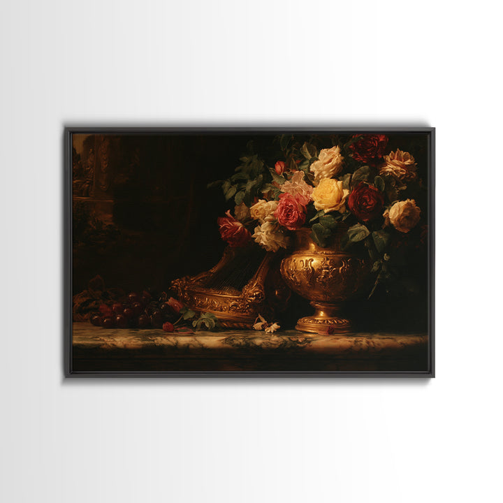 Golden Harp and Roses Canvas Print, Baroque Art, Printable Art, Living Room Decor, Abstract Art, Ornate, Gallery Wall, BAO-3x2-94