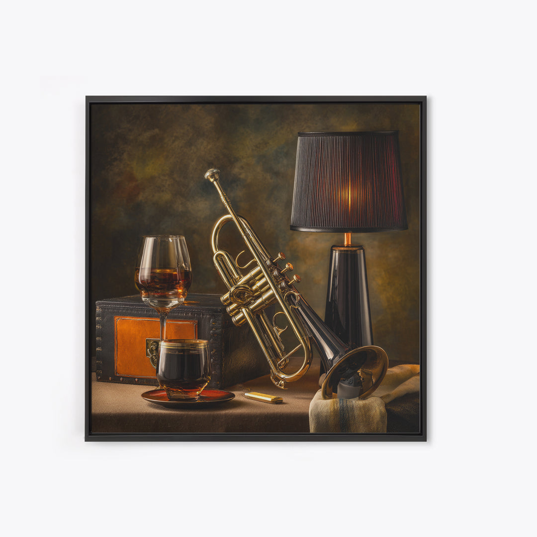 Moody Jazz Trumpet Beside a Half Full Canvas Print, Bar Art, Bar Signs, Bar Decor, Fine Art, Modern Decor, Fine Art Print, BAR-1x1-18