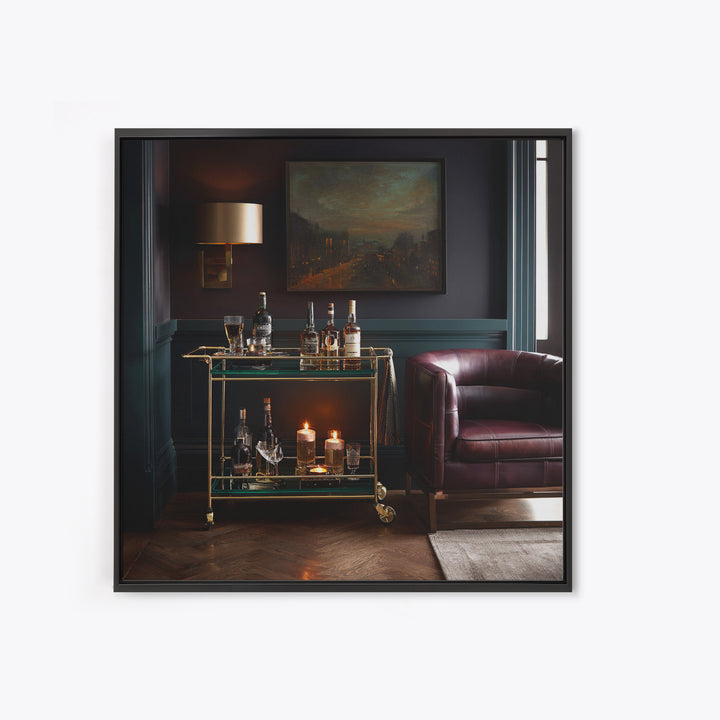Luxury Emerald Bar Cart Arrangement Canvas Print, Bar Art, Kitchen Print, Bar Decor, Oil Painting, Fine Art Print, BAR-1x1-22