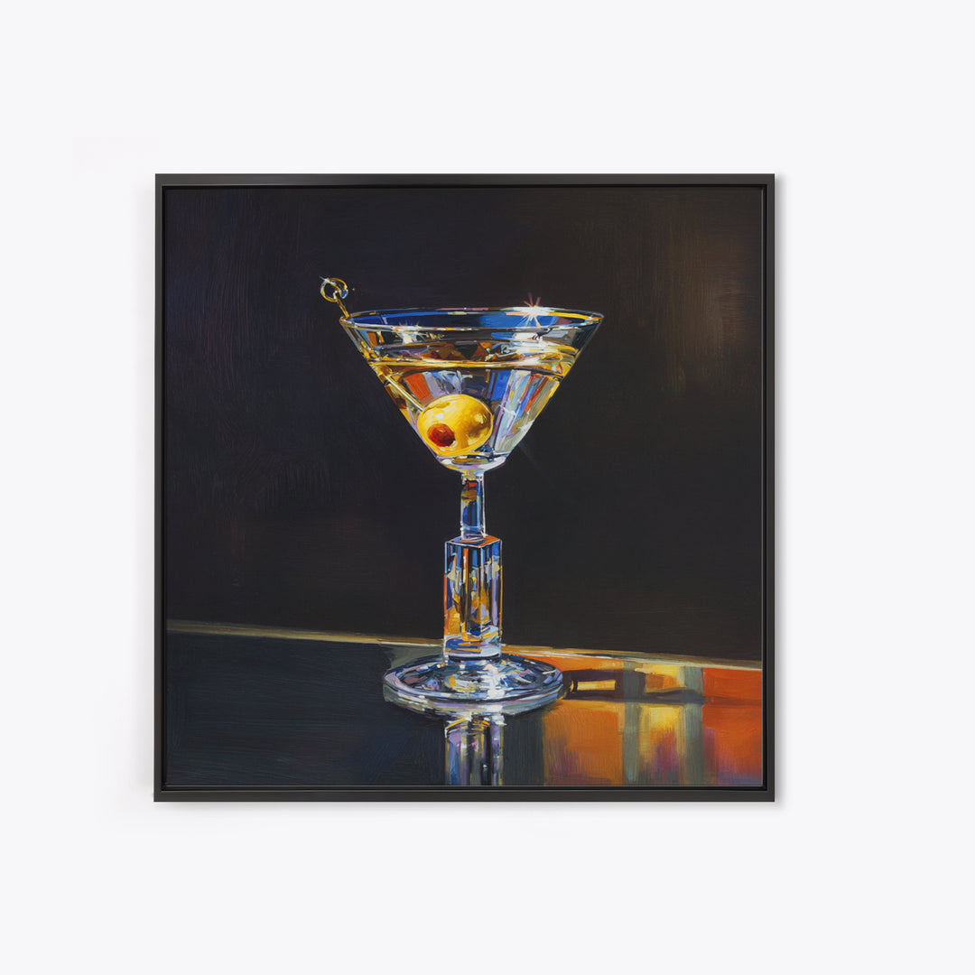 Martini Glass with Olive on a Black Framed Canvas Print, Bar Art, Kitchen Wall Decor, Bar Decor, Fine Art, Bar Cart Art, BAR-1x1-27