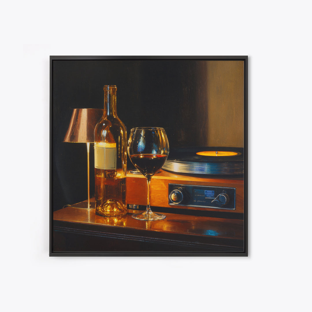 Wine and Record Player Lounge Still Life Framed Canvas Print, Bar Art, Boho Decor, Bar Decor, Oil Painting, Art Print, BAR-1x1-37