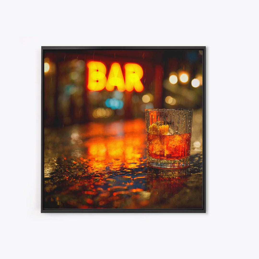 Neon Cocktail Sign Reflected Framed Canvas Print, Bar Art, Textured Painting, Bar Decor, Fine Art, Bar Cart, BAR-1x1-53