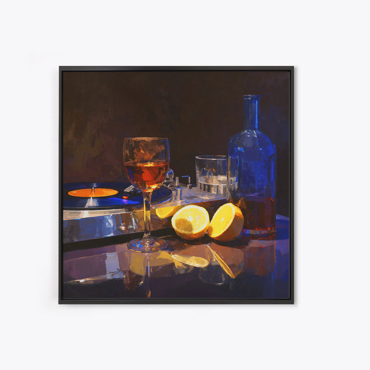 Wine and Record Player Lounge Still Life Framed Canvas Print, Bar Art, Boho Decor, Bar Decor, Oil Painting, Art Print, BAR-1x1-61
