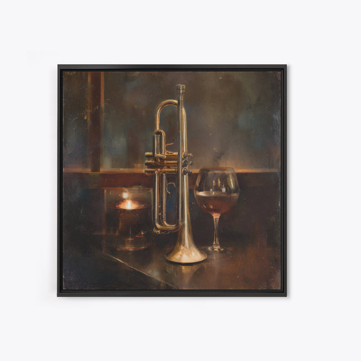 Moody Jazz Trumpet Beside a Half Full Framed Canvas Print, Bar Art, Coffee Bar, Bar Decor, Abstract Art, Room Decor, BAR-1x1-66