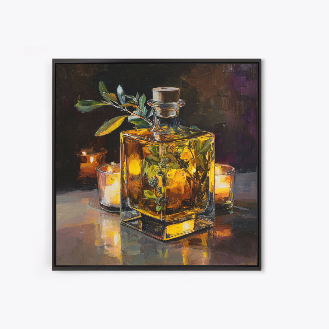 Gin Bottle with Botanicals and Juniper Branches Framed Canvas Print, Bar Art, Bar, Bar Decor, Oil Painting, Living Room Art, BAR-1x1-7