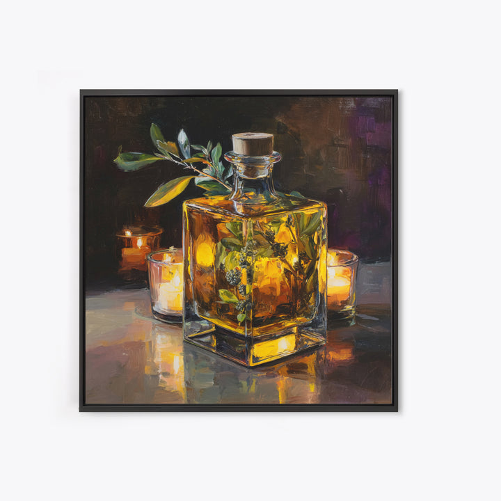 Gin Bottle with Botanicals and Juniper Branches Framed Canvas Print, Bar Art, Bar, Bar Decor, Oil Painting, Living Room Art, BAR-1x1-7