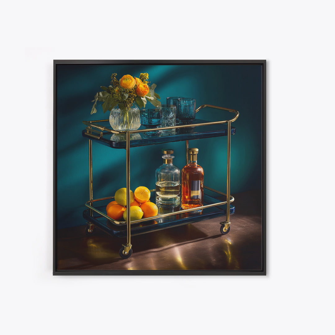 Luxury Emerald Bar Cart Arrangement Framed Canvas Print, Bar Art, Cocktail Wall Art, Bar Decor, Fine Art, Textured Painting, BAR-1x1-70