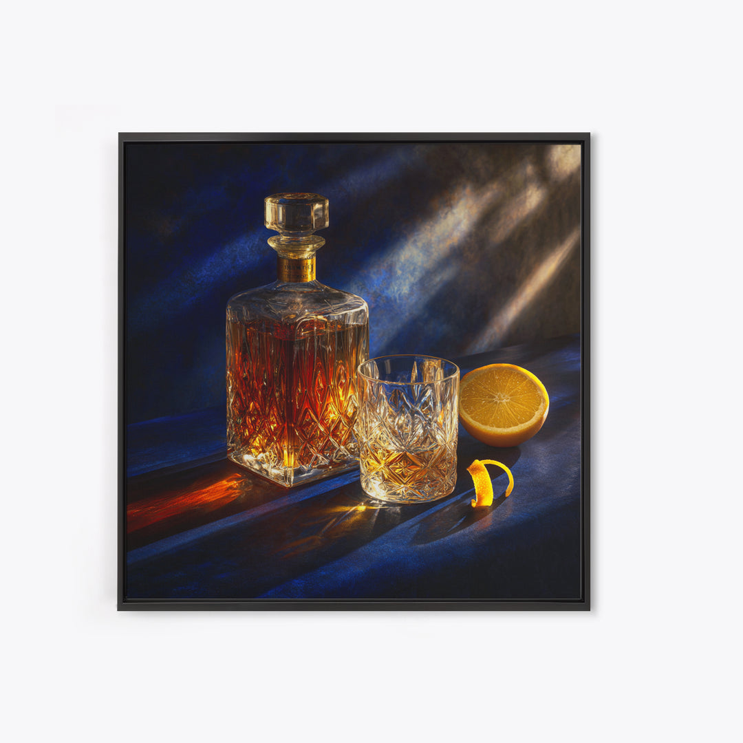 Whiskey Bottle and Cut Crystal Glass Framed Canvas Print, Bar Art, Fine Art Print, Bar Decor, Fine Art, Metal Wall Art, BAR-1x1-74