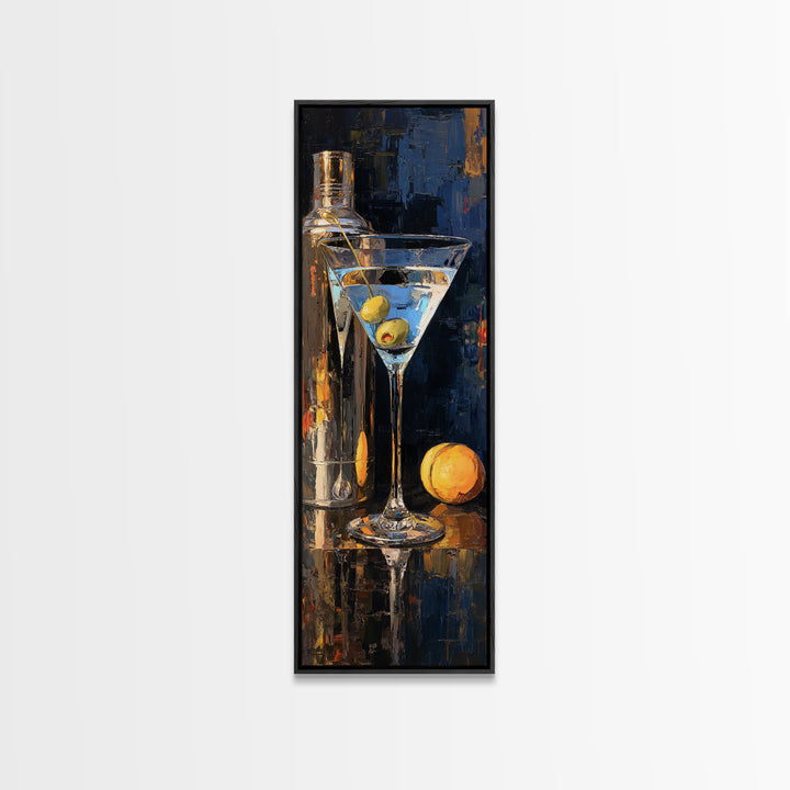 Martini Glass with Olive on a Black Framed Canvas Print, Bar Art, Apartment Decor, Bar Decor, Abstract Art, Living Room Art, BAR-1x3-15