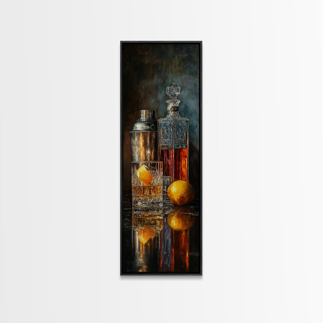Speakeasy Key and Cocktail Shaker Composition Framed Canvas Print, Bar Art, Minimalist Decor, Bar Decor, Fine Art, BAR-1x3-4
