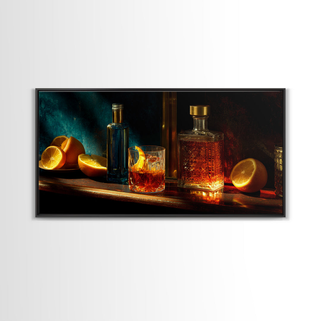 Midnight Manhattan Cocktail Framed Canvas Print, Bar Art, Statement Artwork, Bar Decor, Fine Art, Art Print, BAR-2x1-20