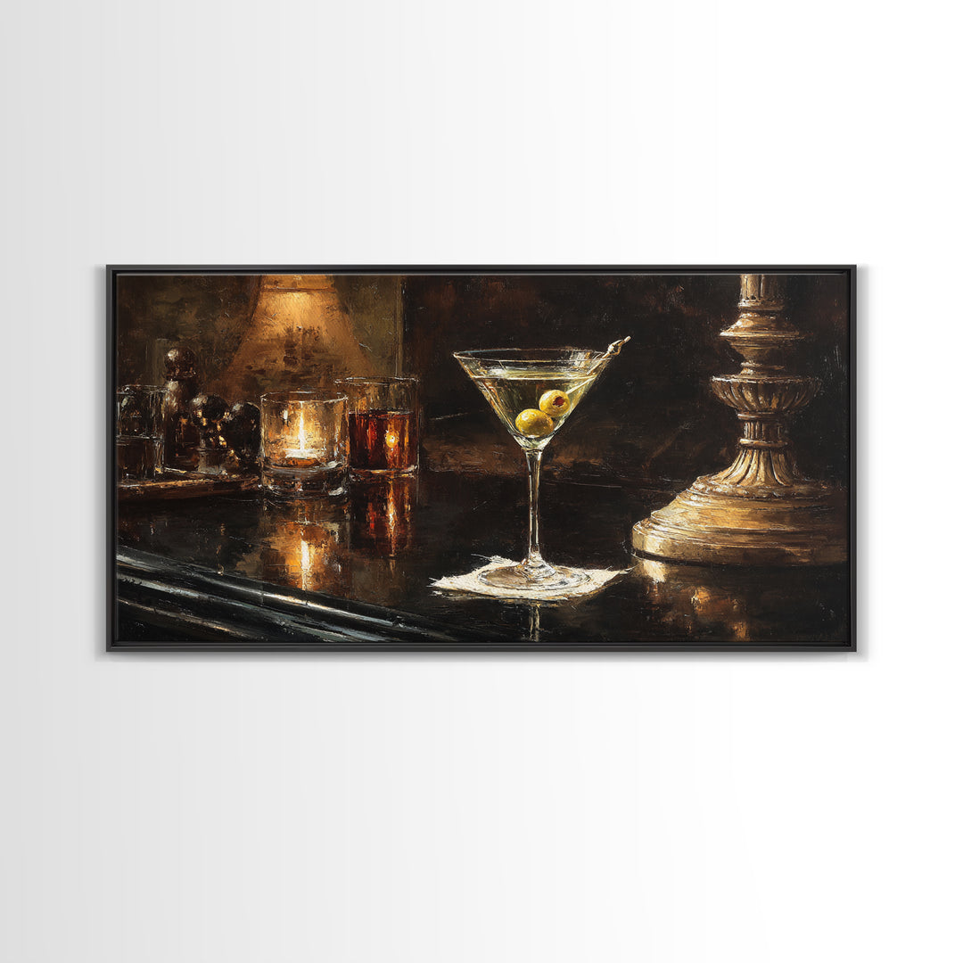 Martini Glass with Olive on a Black Framed Canvas Print, Bar Art, Bar Cart, Bar Decor, Watercolor Art, Kitchen Print, BAR-2x1-23