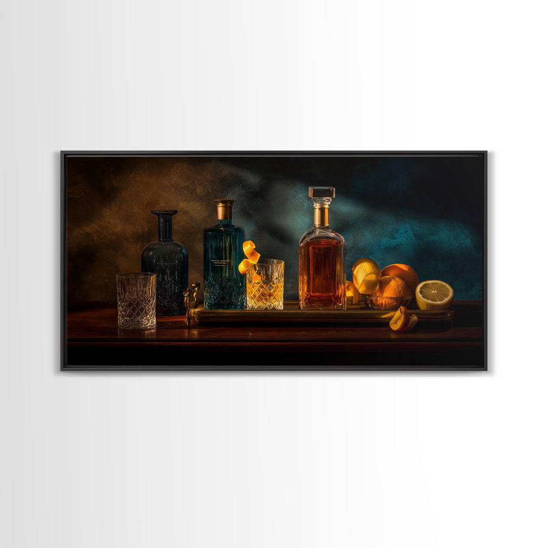 Luxury Emerald Bar Cart Arrangement Framed Canvas Print, Bar Art, Room Decor, Bar Decor, Fine Art, Kitchen Decor, BAR-2x1-42