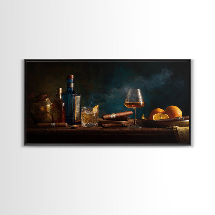 Dark Moody Cigar and Whiskey Still Life Framed Canvas Print, Bar Art, Bar Cart, Bar Decor, Watercolor Art, Kitchen Print, BAR-2x1-5