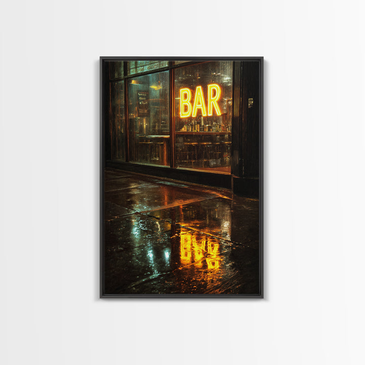 Neon Cocktail Sign Reflected Framed Canvas Print, Bar Art, Digital Print, Bar Decor, Fine Art, Coffee Wall Art, BAR-2x3-13