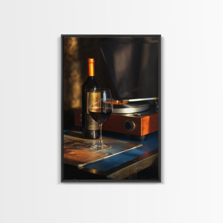 Wine and Record Player Lounge Still Life Framed Canvas Print, Bar Art, Canvas Wall Art, Bar Decor, Oil Painting, BAR-2x3-21