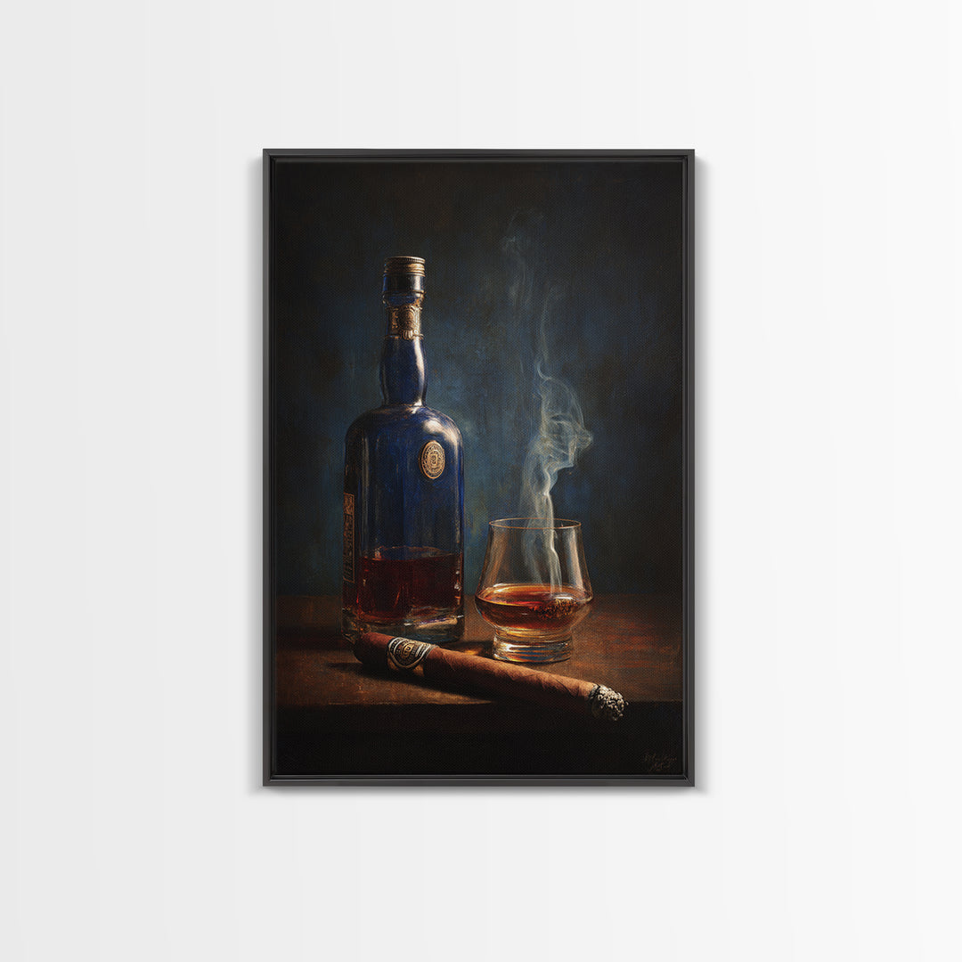 Dark Moody Cigar and Whiskey Still Life Canvas Print, Bar Art, Kitchen Wall Decor, Bar Decor, Fine Art, Bar Cart Art, BAR-2x3-65