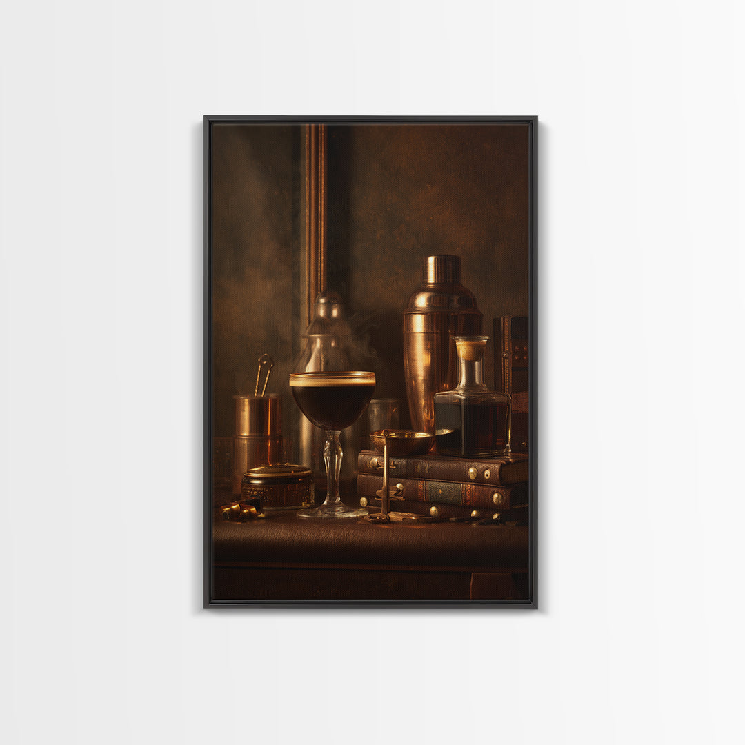 Speakeasy Key and Cocktail Shaker Composition Canvas Print, Bar Art, Canvas Wall Art, Bar Decor, Oil Painting, BAR-2x3-72