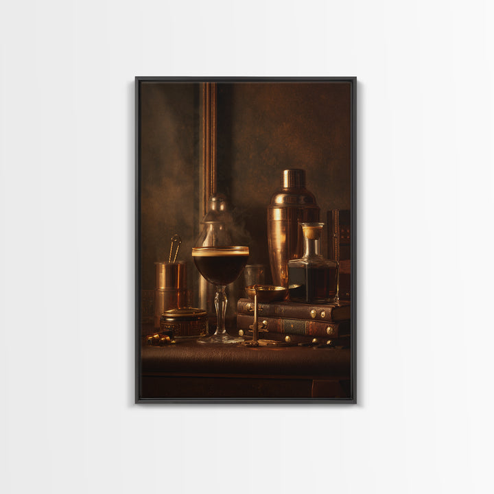 Speakeasy Key and Cocktail Shaker Composition Canvas Print, Bar Art, Canvas Wall Art, Bar Decor, Oil Painting, BAR-2x3-72