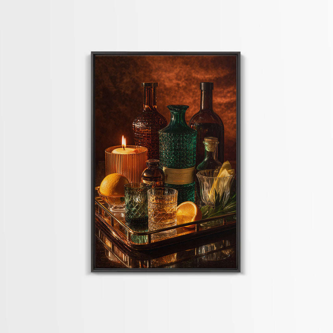 Luxury Emerald Bar Cart Arrangement Framed Canvas Print, Bar Art, Kitchen Wall Art, Bar Decor, Fine Art, Coffee Wall Art, BAR-2x3-78