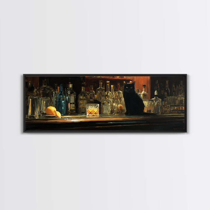 Black Cat Beside a Glowing Bar Neon Canvas Print, Bar Art, Art Print, Bar Decor, Fine Art, Kitchen Wall Decor, BAR-3x1-30