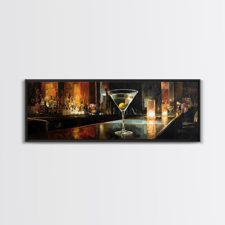 Martini Glass with Olive on a Black Framed Canvas Print, Bar Art, Apartment Decor, Bar Decor, Abstract Art, Living Room Art, BAR-3x1-67