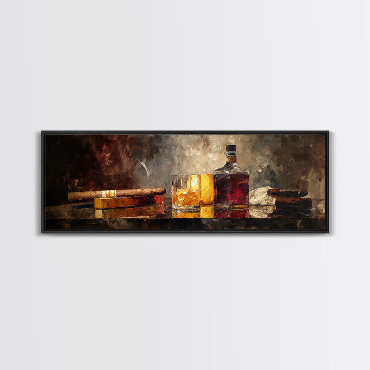 Dark Moody Cigar and Whiskey Still Life Framed Canvas Print, Bar Art, Neutral Decor, Bar Decor, Fine Art, Home Decor, BAR-3x1-73