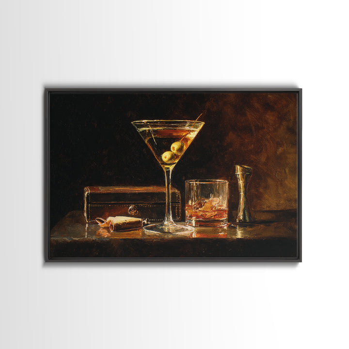 Martini Glass with Olive on a Black Framed Canvas Print, Bar Art, Apartment Decor, Bar Decor, Abstract Art, Living Room Art, BAR-3x2-7