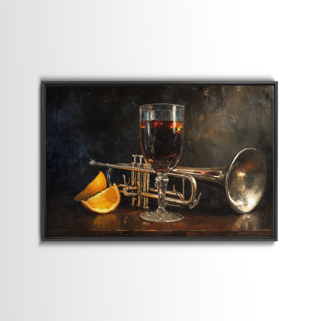 Moody Jazz Trumpet Beside a Half Full Framed Canvas Print, Bar Art, Bar Signs, Bar Decor, Fine Art, Modern Decor, BAR-3x2-70