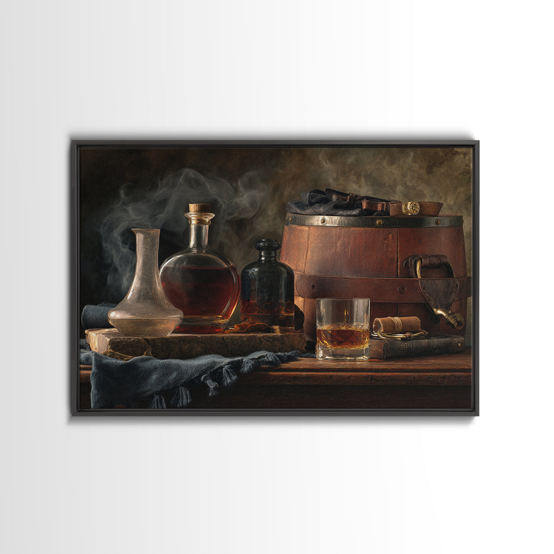 Bourbon Barrel Still Life Framed Canvas Print, Bar Art, Bar Cart Decor, Bar Decor, Oil Painting, Minimalist Decor, BAR-3x2-82