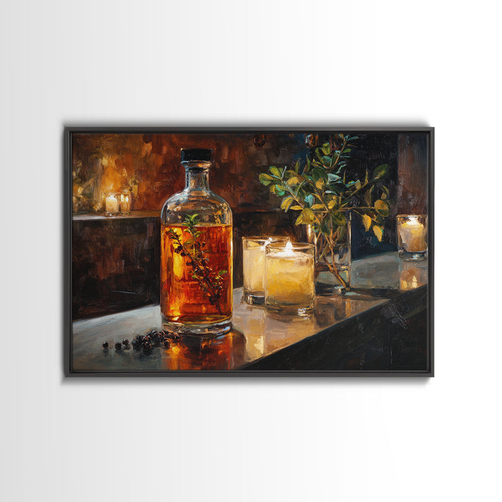 Gin Bottle with Botanicals and Juniper Branches Canvas Print, Bar Art, Bar, Bar Decor, Oil Painting, Living Room Art, BAR-3x2-83