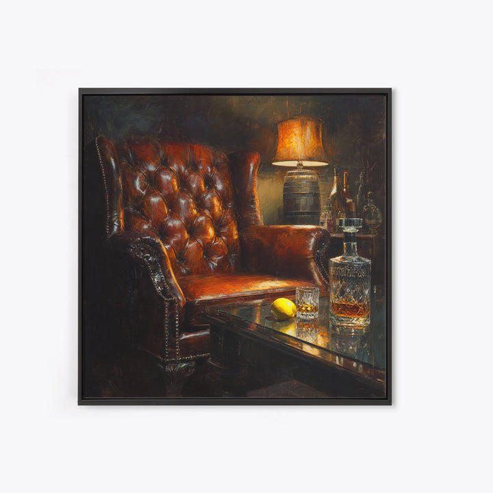 Whiskey Barrel and Leather Chair Mood Painting Canvas Print, Basement Art, Original Art Prints, Living Room Decor, Retreat, BAS-1x1-34
